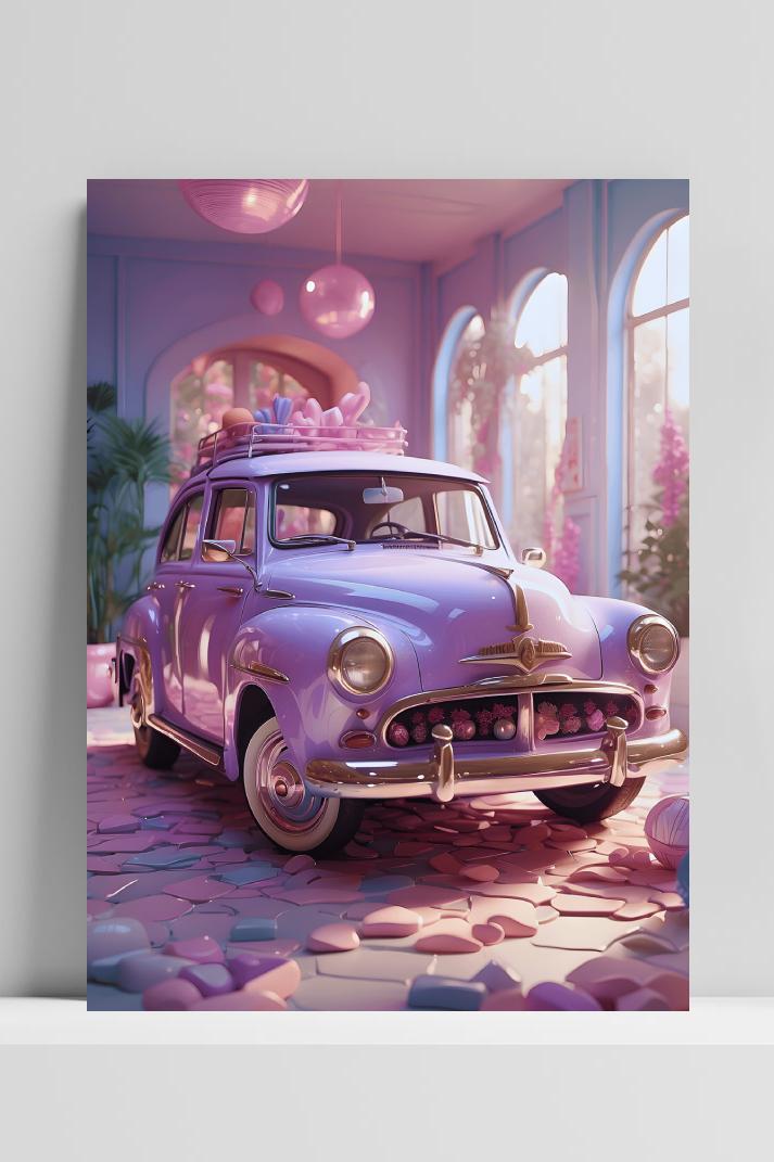 Roze Auto op 3mm aluminium dibond