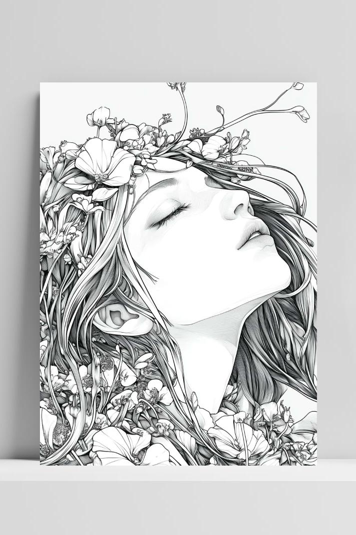 Woman Flower Line Art op 3mm aluminium dibond