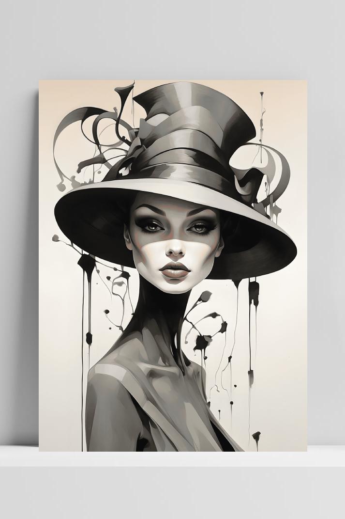 Zwart Wit Vrouw met Hoed op 3mm aluminium dibond
