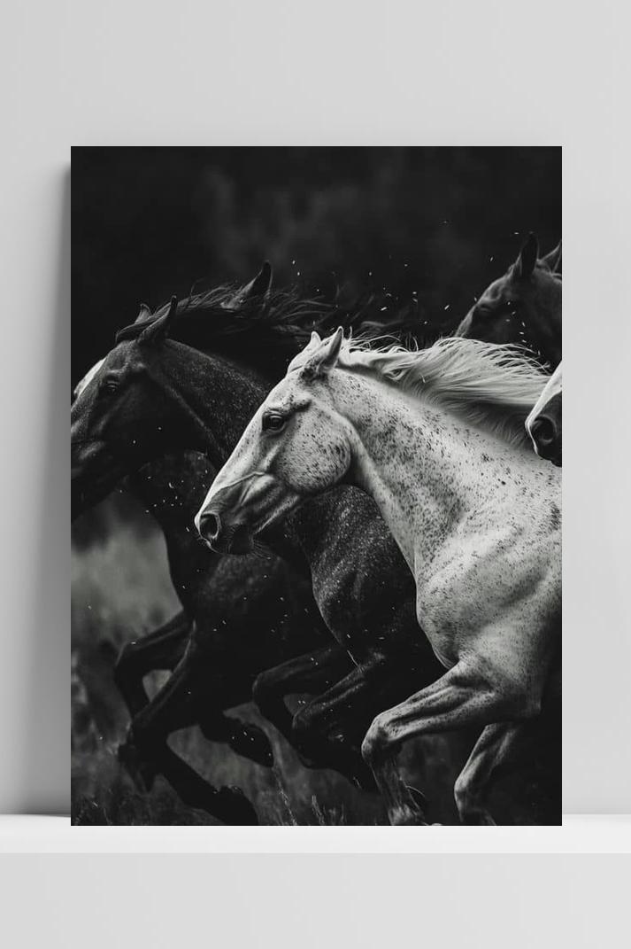 Paarden Zwart-Wit op 3mm aluminium dibond
