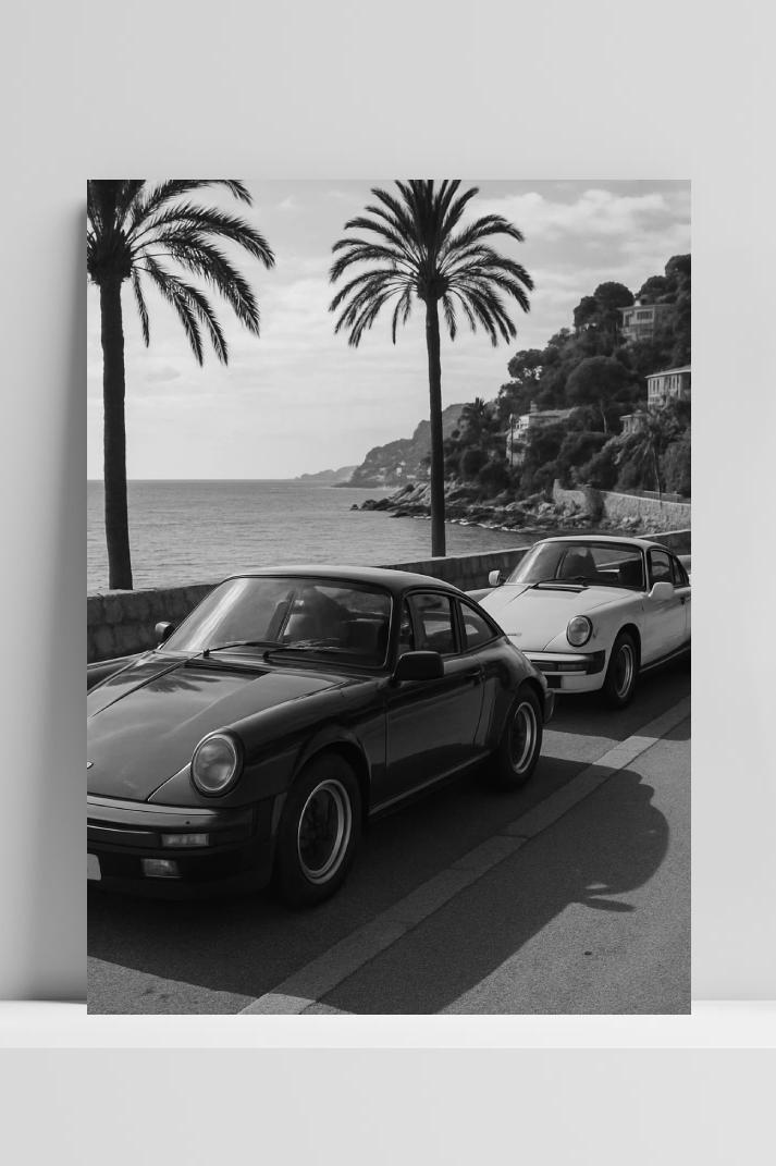 Sports Car Seaside B&W op 3mm aluminium dibond