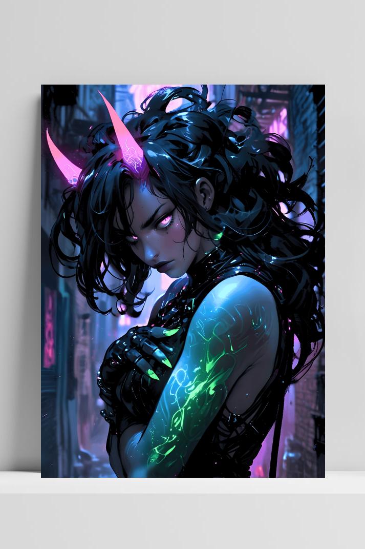 Neon Demonmeisje op 3mm aluminium dibond