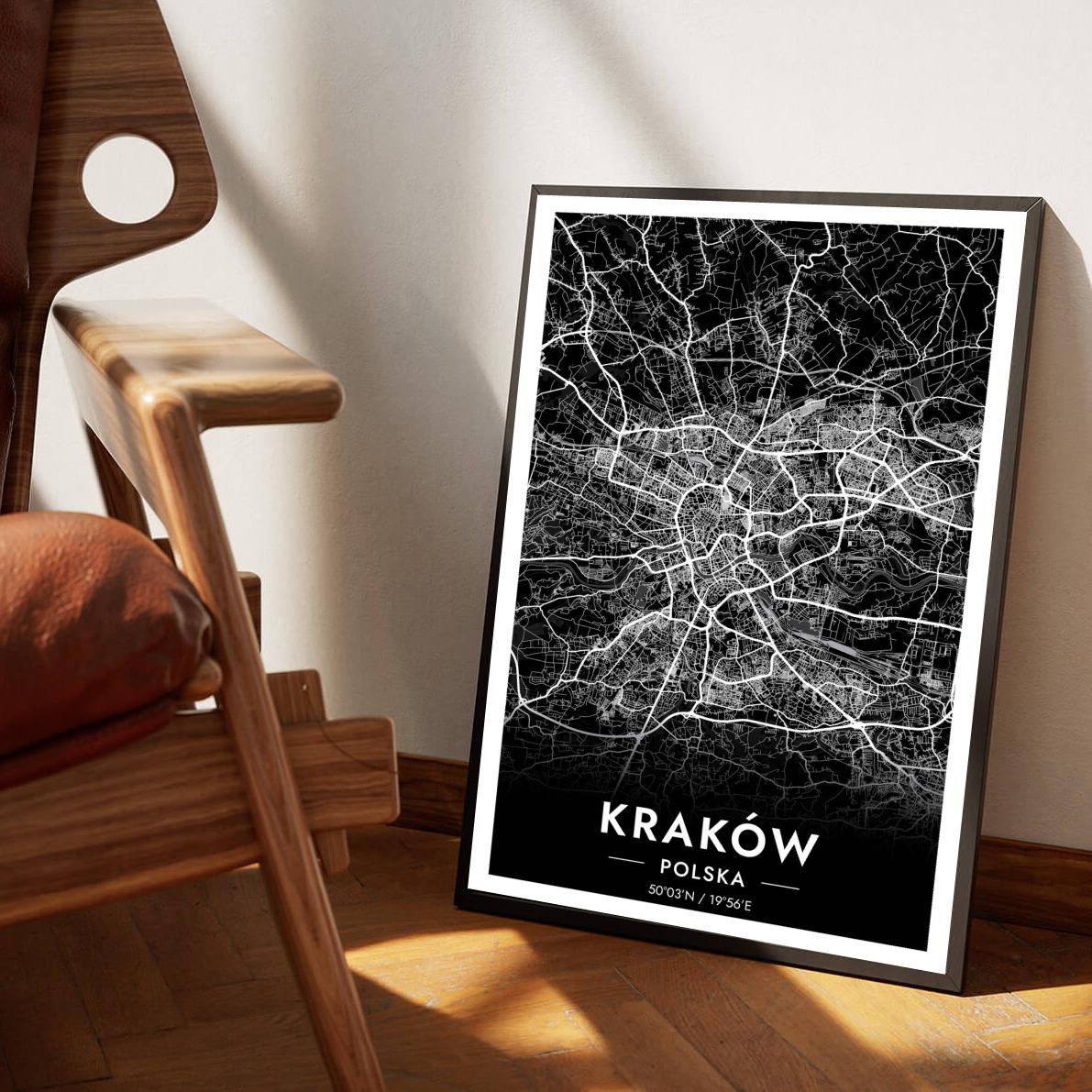 Kraków Map Polska Black poster sfeerbeeld 1