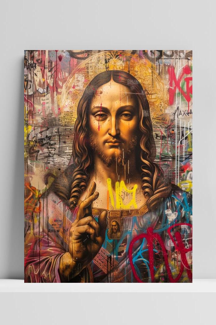 Salvator Mundi Graffiti op 3mm aluminium dibond