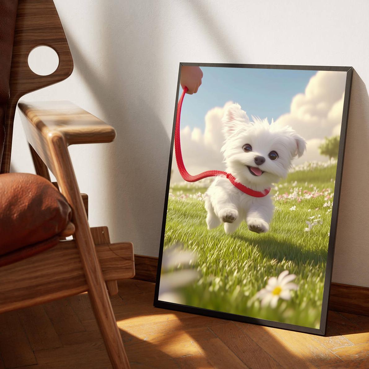 Maltese Puppy Cartoon en un interior