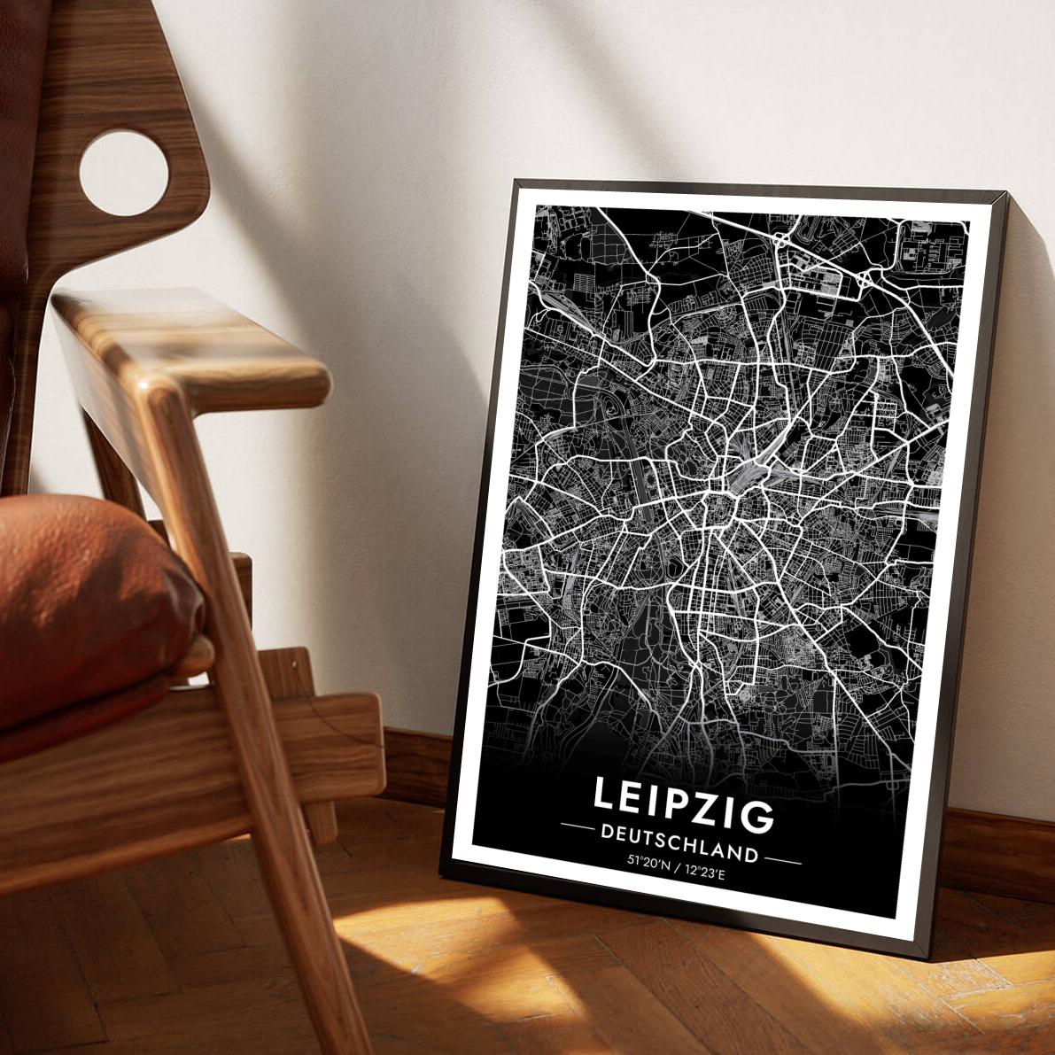 Leipzig Map Deutschland Black poster sfeerbeeld 1