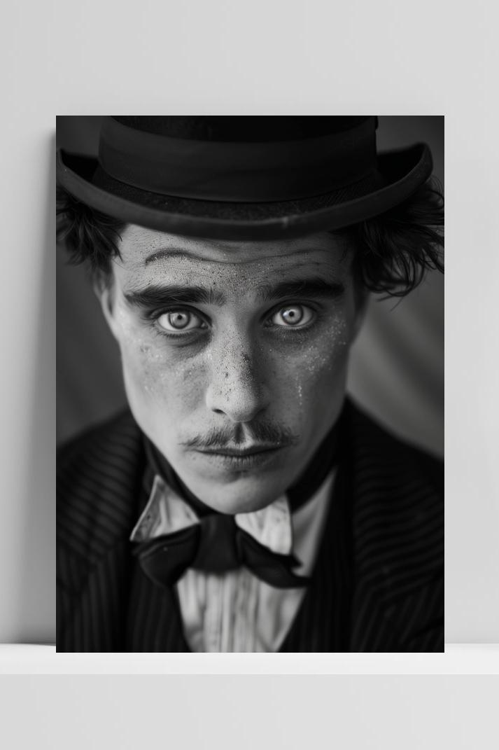 Charlie Chaplin Zwart Wit op 3mm aluminium dibond