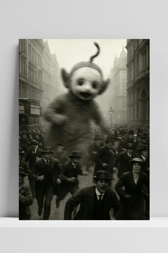 Teletubby Giant B&W op 3mm aluminium dibond