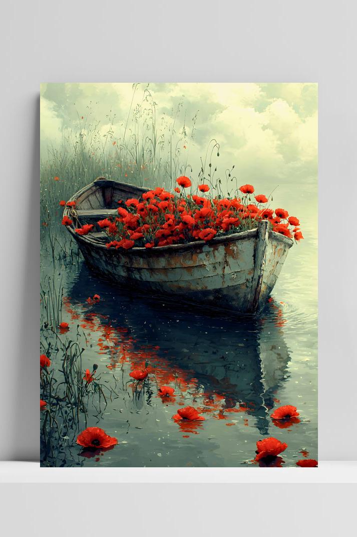 Boot Met Klaprozen op 3mm aluminium dibond