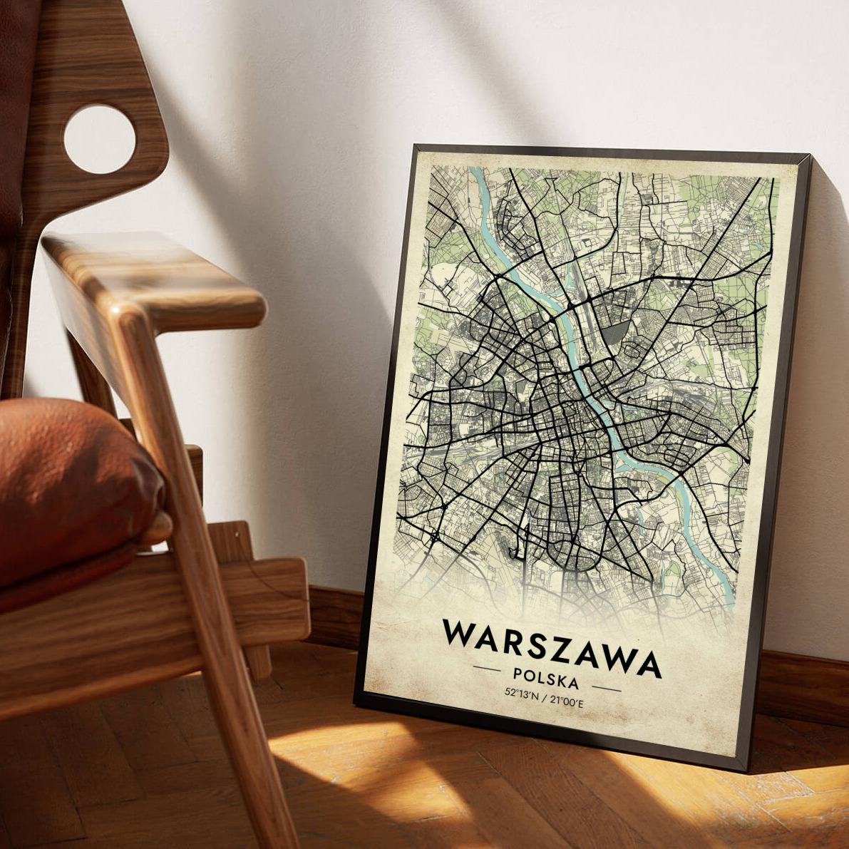 Warszawa Map Polska Vintage poster sfeerbeeld 1