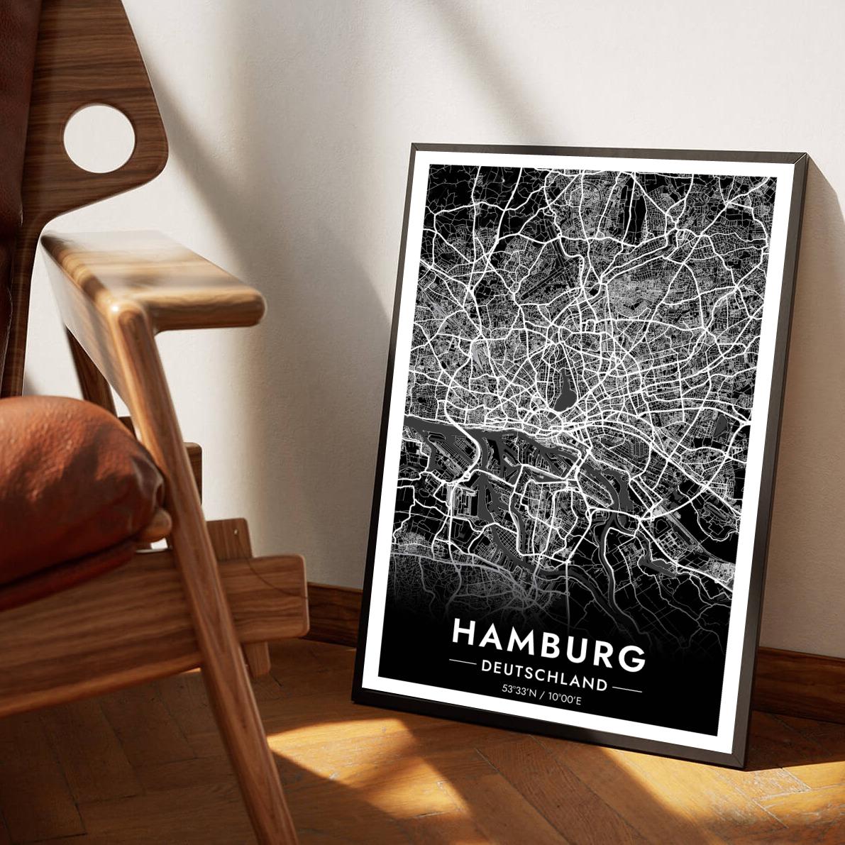 Hamburg Map Deutschland Black poster sfeerbeeld 1