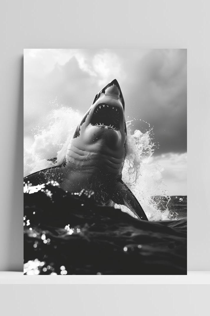 Haai Zwart Wit op 3mm aluminium dibond