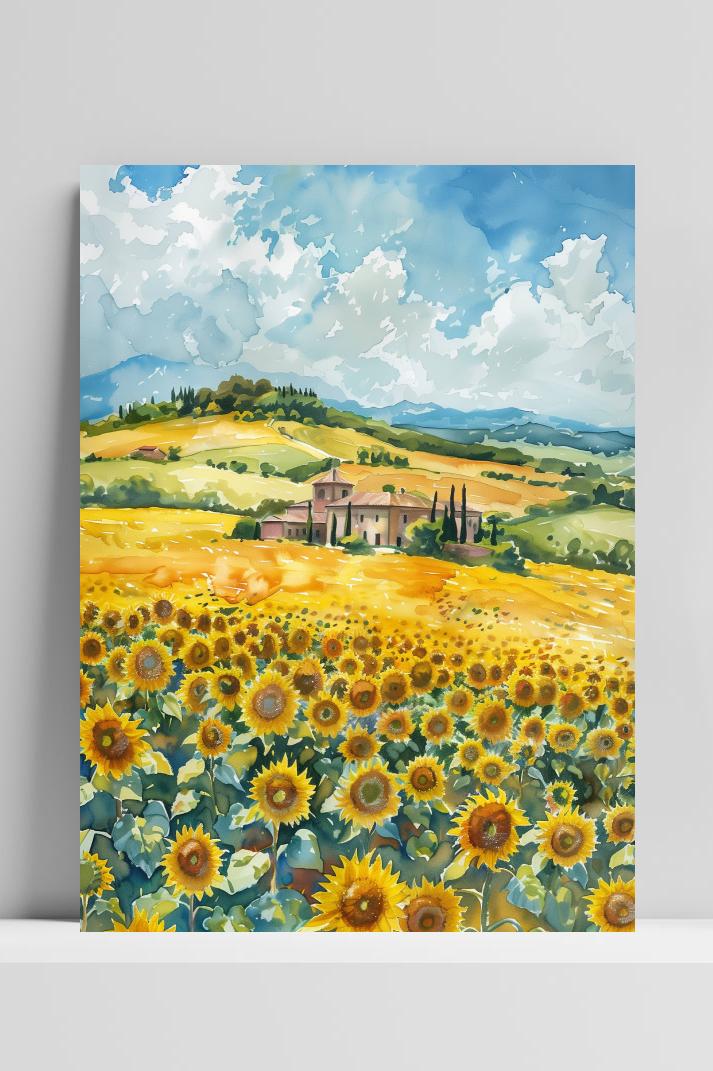 Zonnebloemveld Aquarel op 3mm aluminium dibond