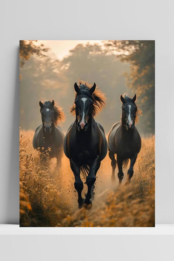 Rennende Zwarte Paarden op 3mm aluminium dibond