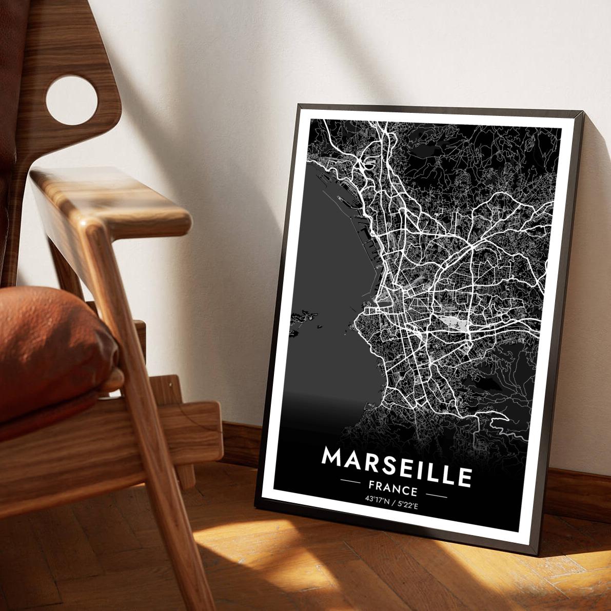 Marseille Map France Black poster sfeerbeeld 1