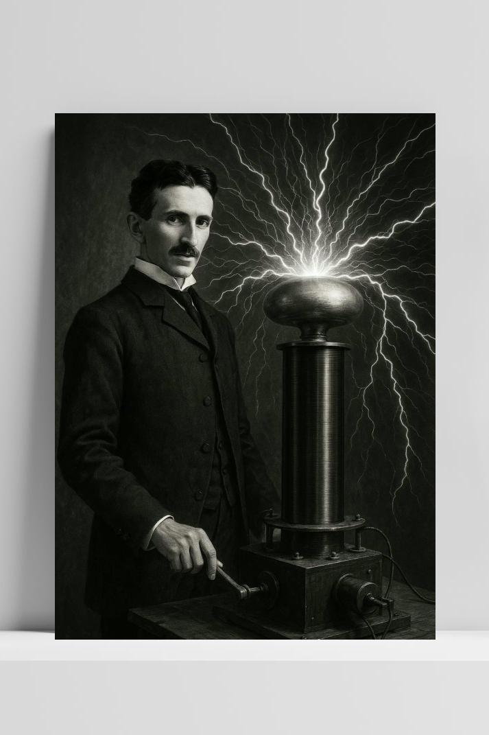 Nikola Tesla Electricity B&W op 3mm aluminium dibond