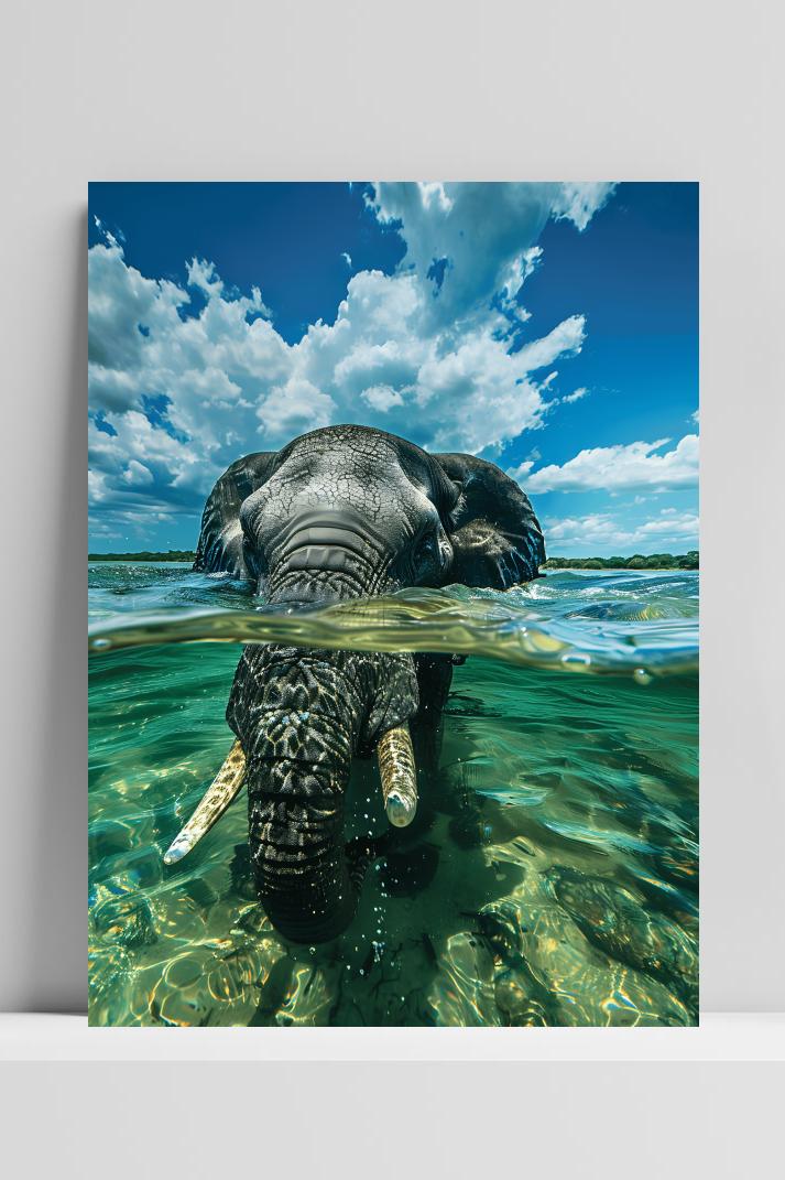 Olifant In Water op 3mm aluminium dibond