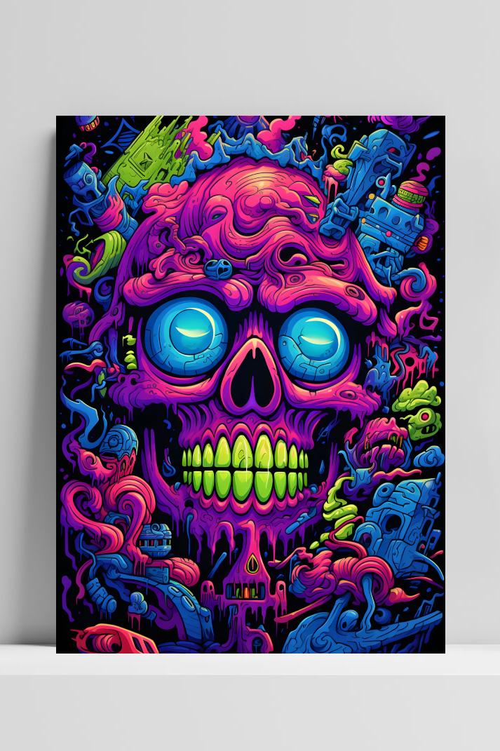 Neon Skul Rood op 3mm aluminium dibond
