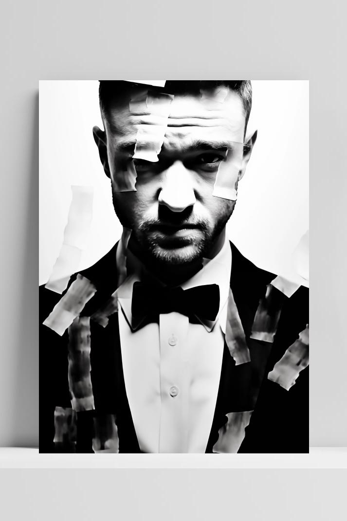 Justin Timberlake Zwart Wit op 3mm aluminium dibond
