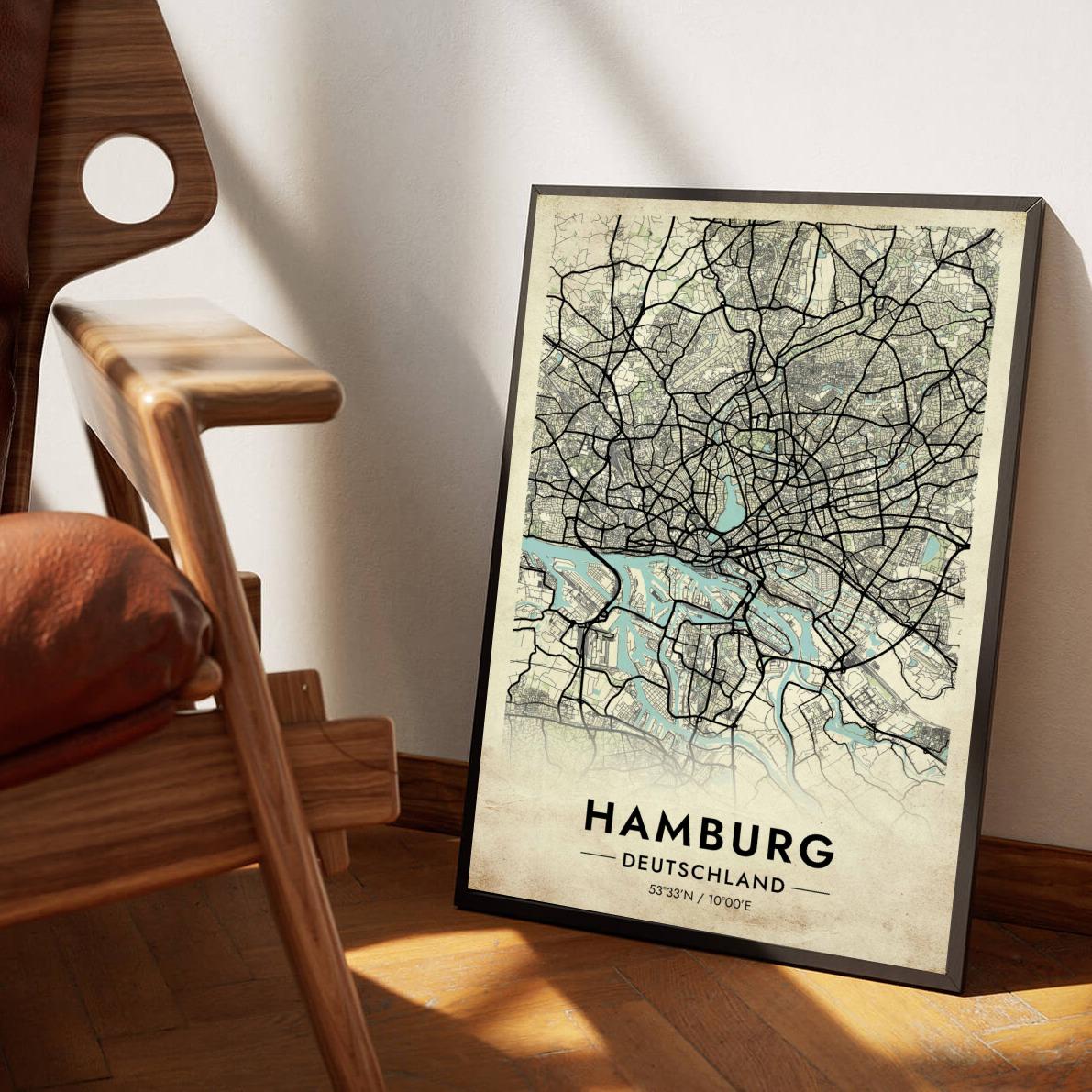 Hamburg Map Deutschland Vintage poster sfeerbeeld 1