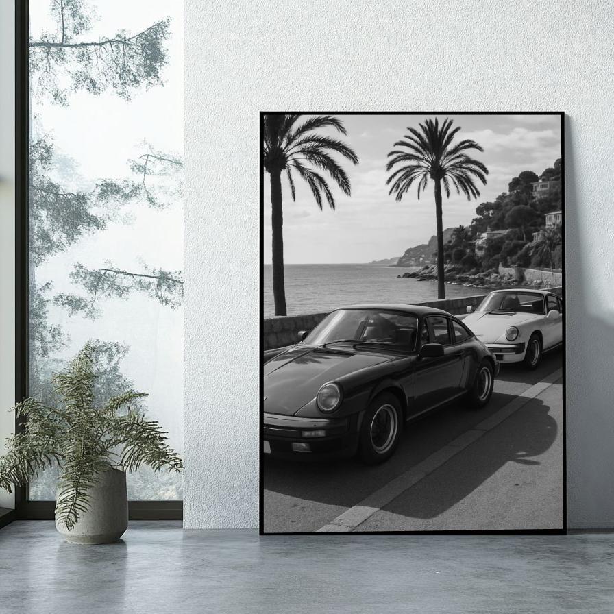 Sports Car Seaside B&W poster sfeerbeeld 1