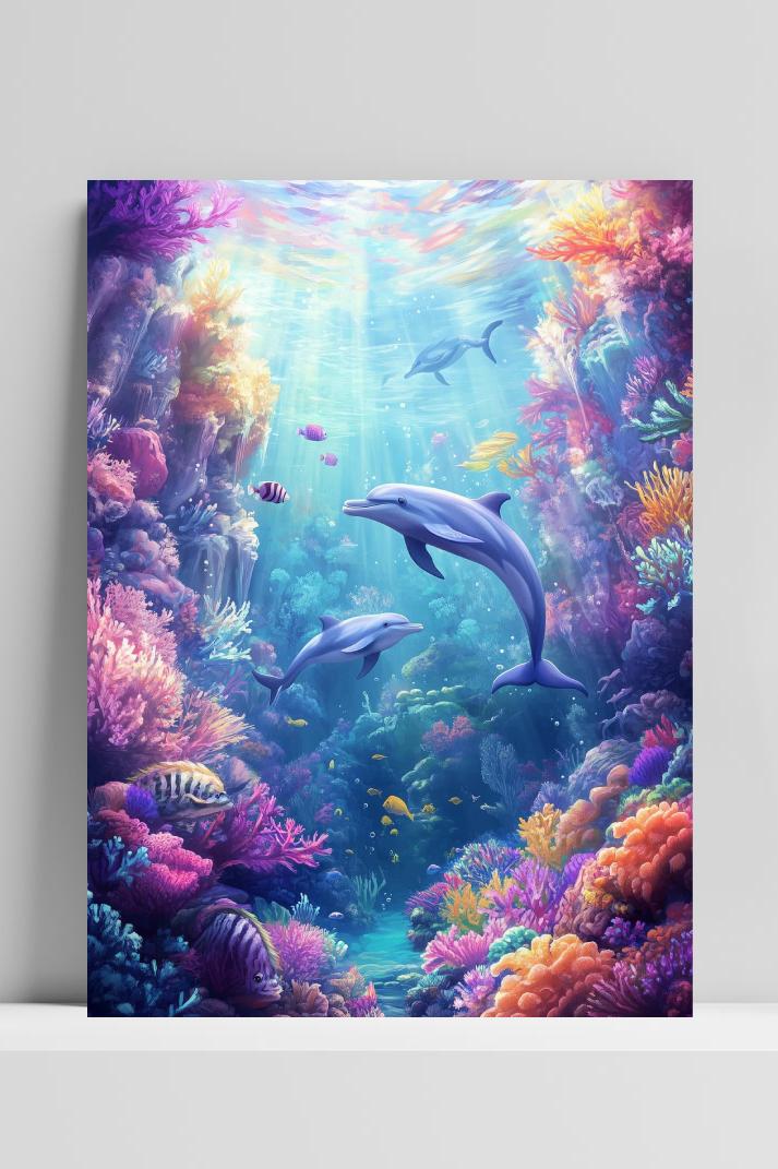 Dolphins Corals op 3mm aluminium dibond
