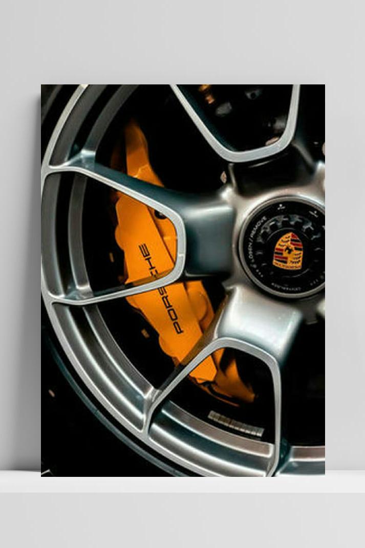Porsche Gele Remschijf op 3mm aluminium dibond