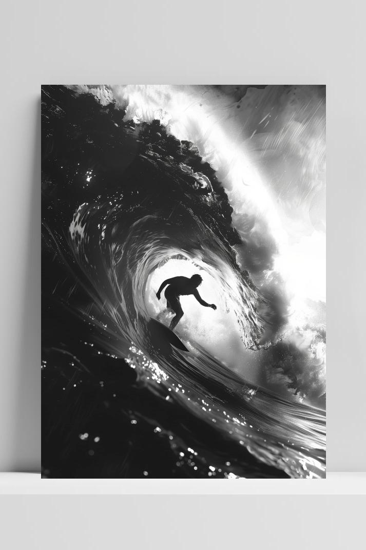 Surfer Zwart Wit op 3mm aluminium dibond