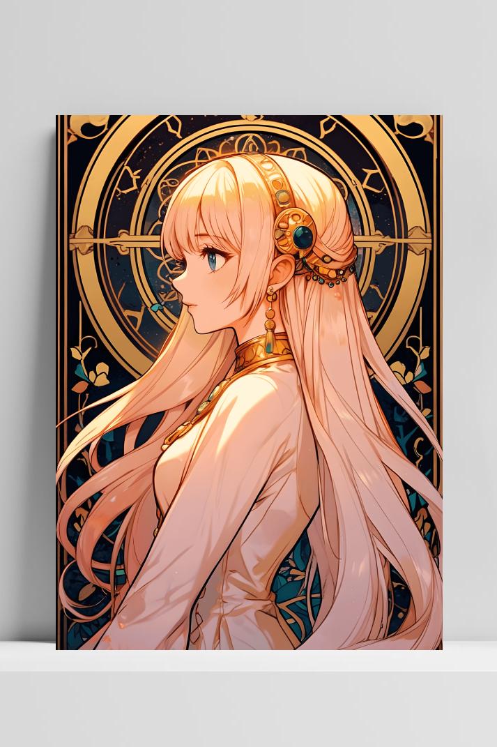 Animemeisje Gouden Bol op 3mm aluminium dibond