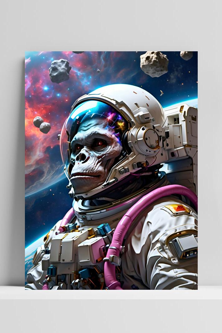 Chimpansee in de Ruimte op 3mm aluminium dibond