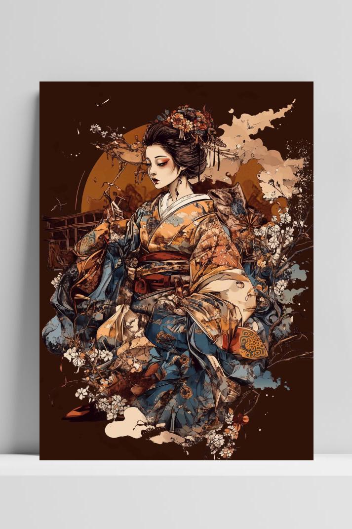 Geisha Hokusai op 3mm aluminium dibond