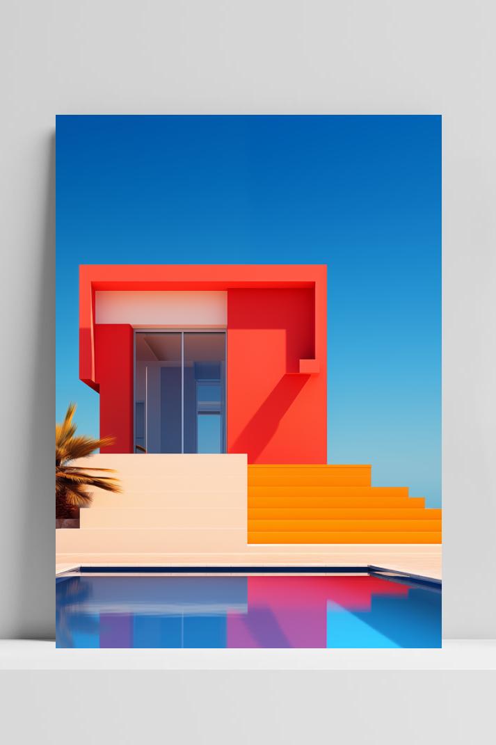 Kleurrijk Villa Zwembad op 3mm aluminium dibond