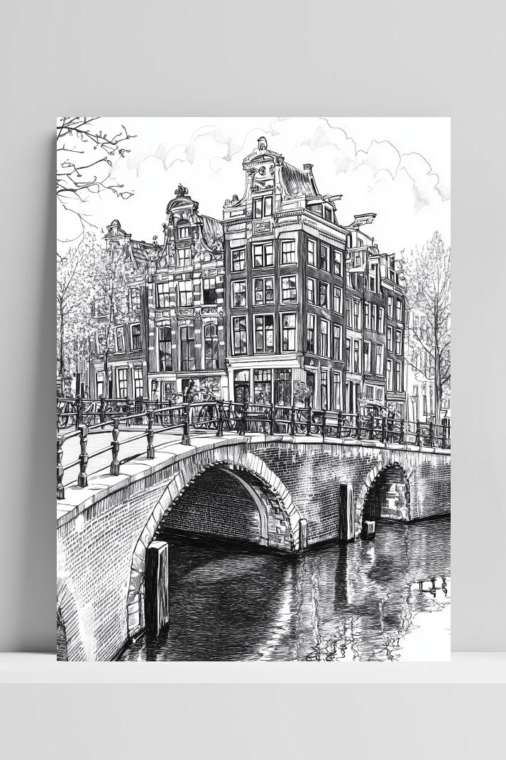 Amsterdam Canal Bridge B&W op 3mm aluminium dibond