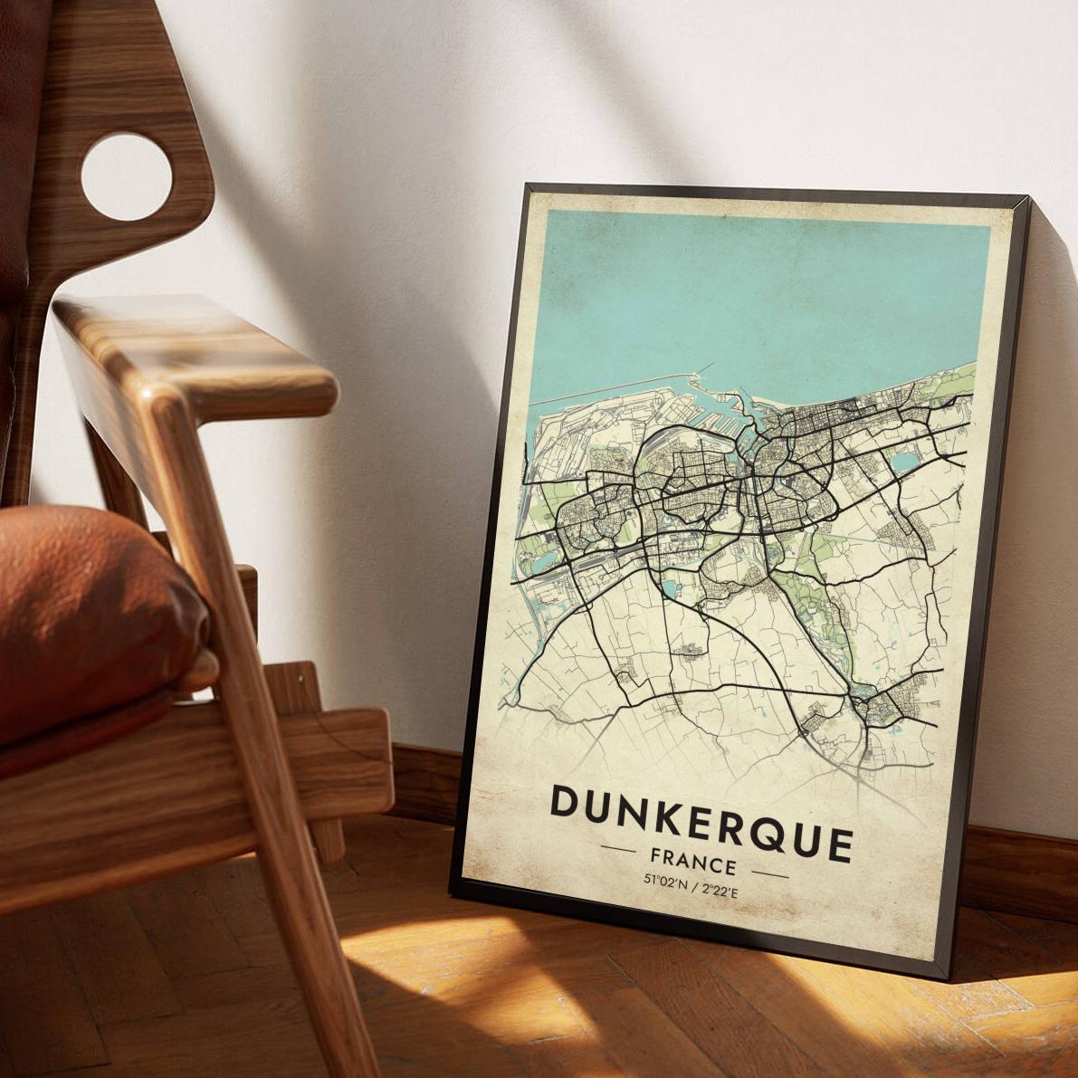 Dunkerque Map France Vintage poster sfeerbeeld 1