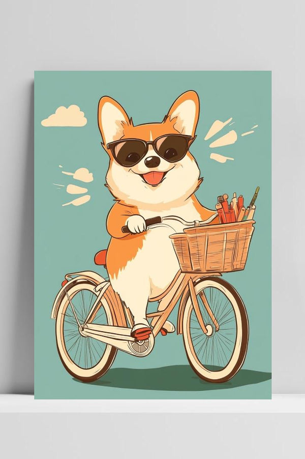 Corgi Bicycle Cartoon Poster