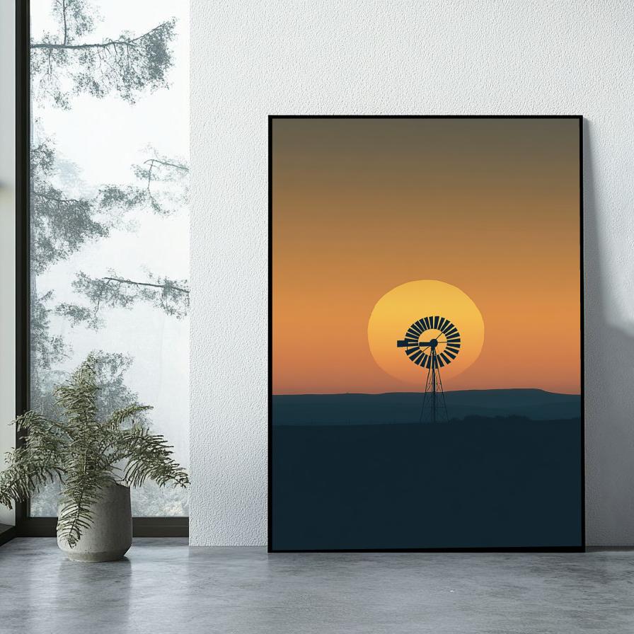 Windmill Sunset Minimalistic poster sfeerbeeld 1