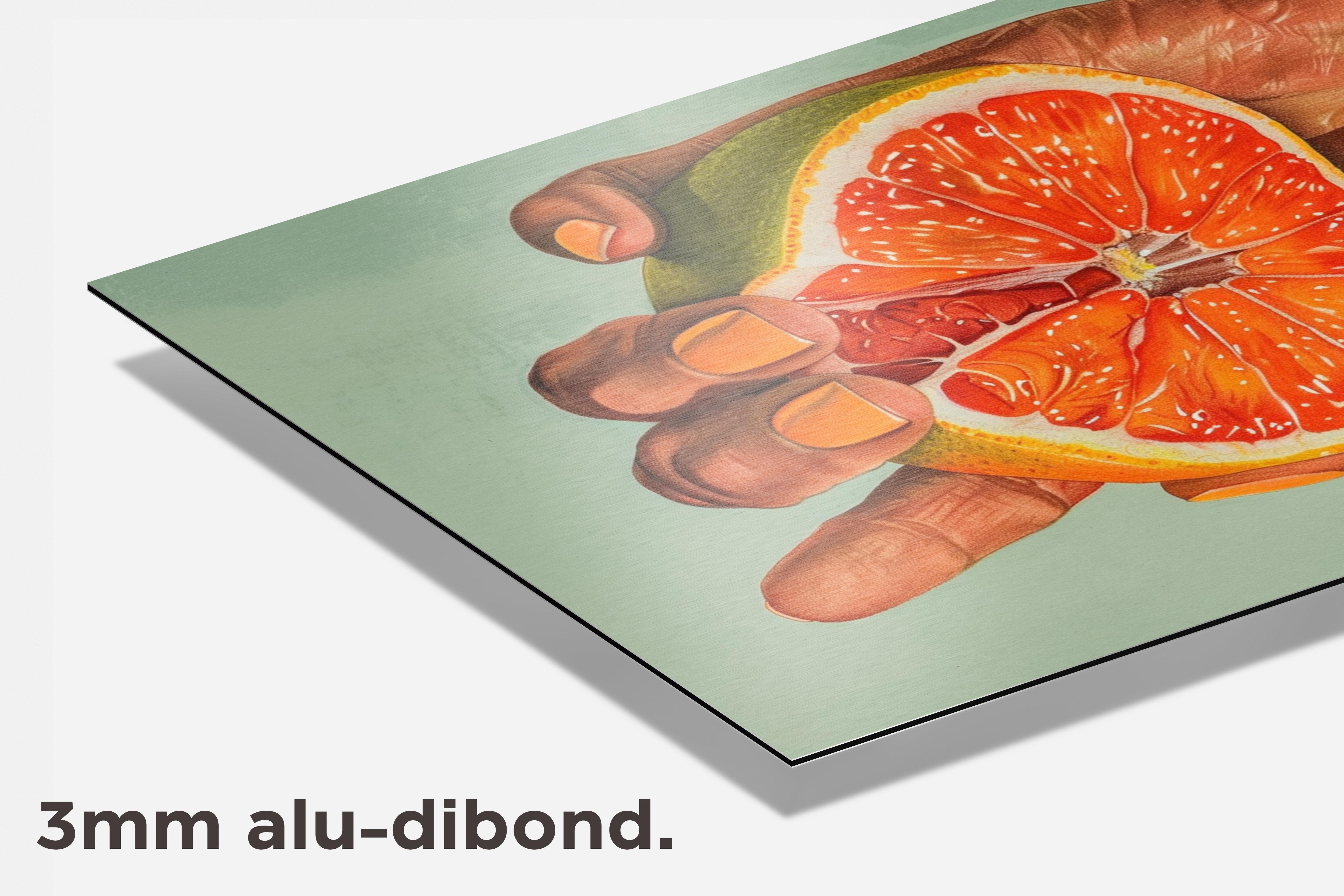 Grapefruit in hand dibond detail