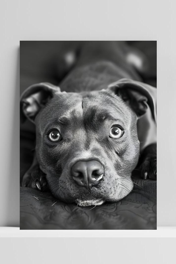 Zwart-Witte Pitbull op 3mm aluminium dibond
