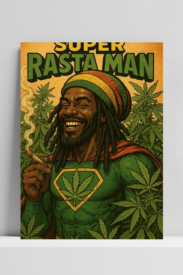 Super Rasta Man Cannabis Text op 3mm aluminium dibond