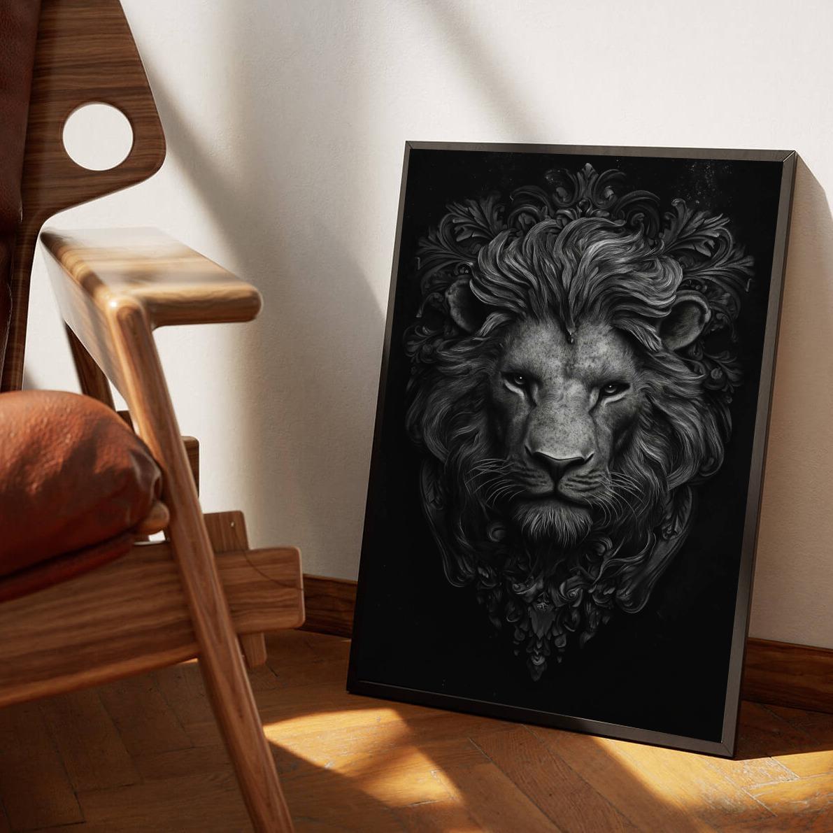 Lion Sculpture Zwart-Wit dans un intérieur