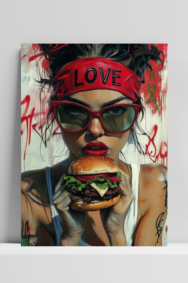 Meisje met Burger op 3mm aluminium dibond