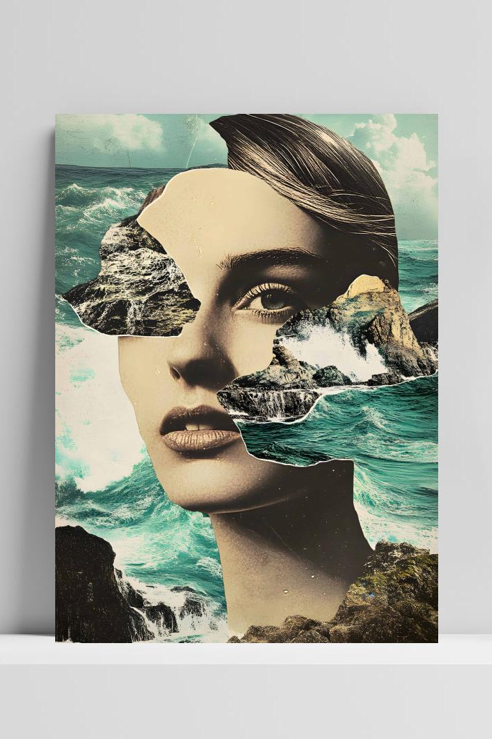 Collage Vrouw Zee op 3mm aluminium dibond