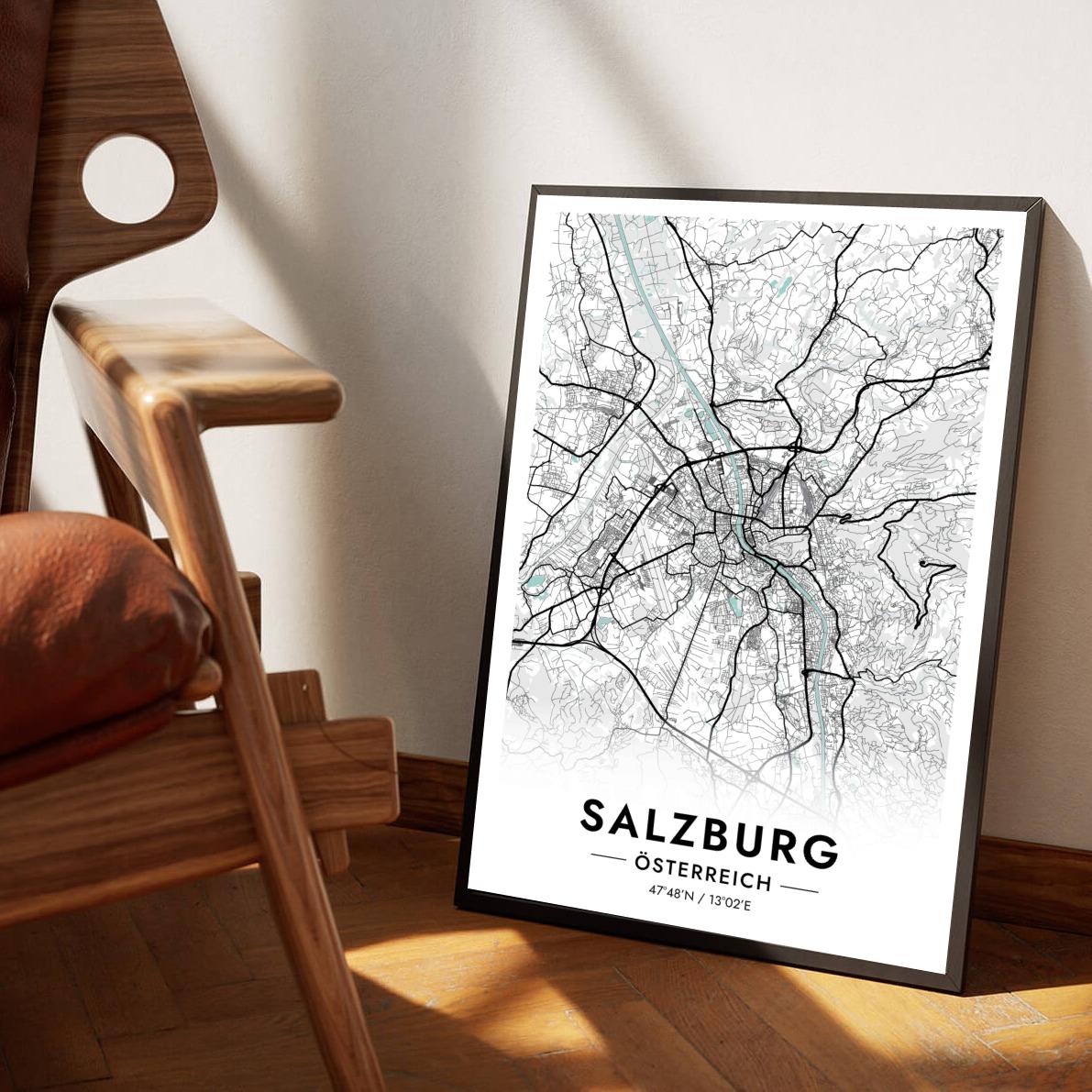 Salzburg Map Österreich Blue poster sfeerbeeld 1
