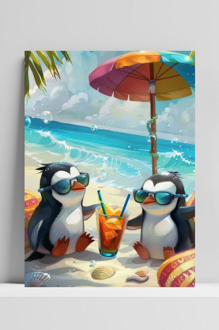 Pinguïns Strand op 3mm aluminium dibond