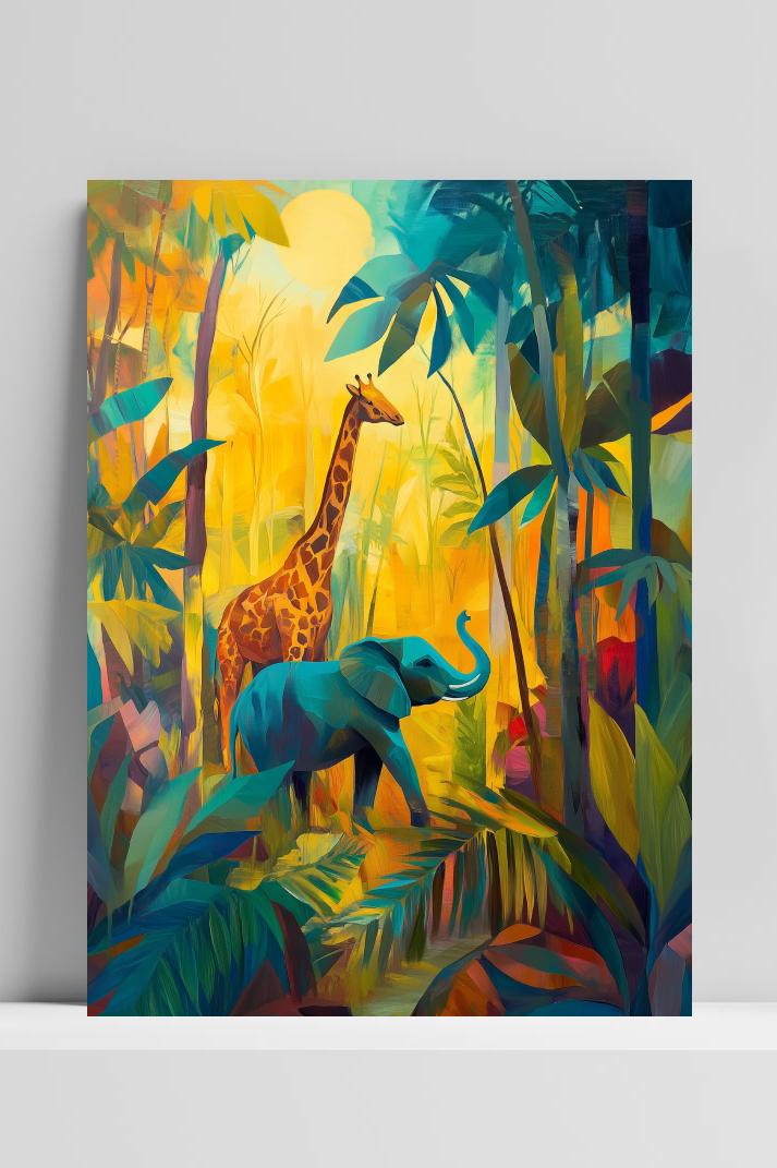 Elephant Giraffe Jungle Safari op 3mm aluminium dibond