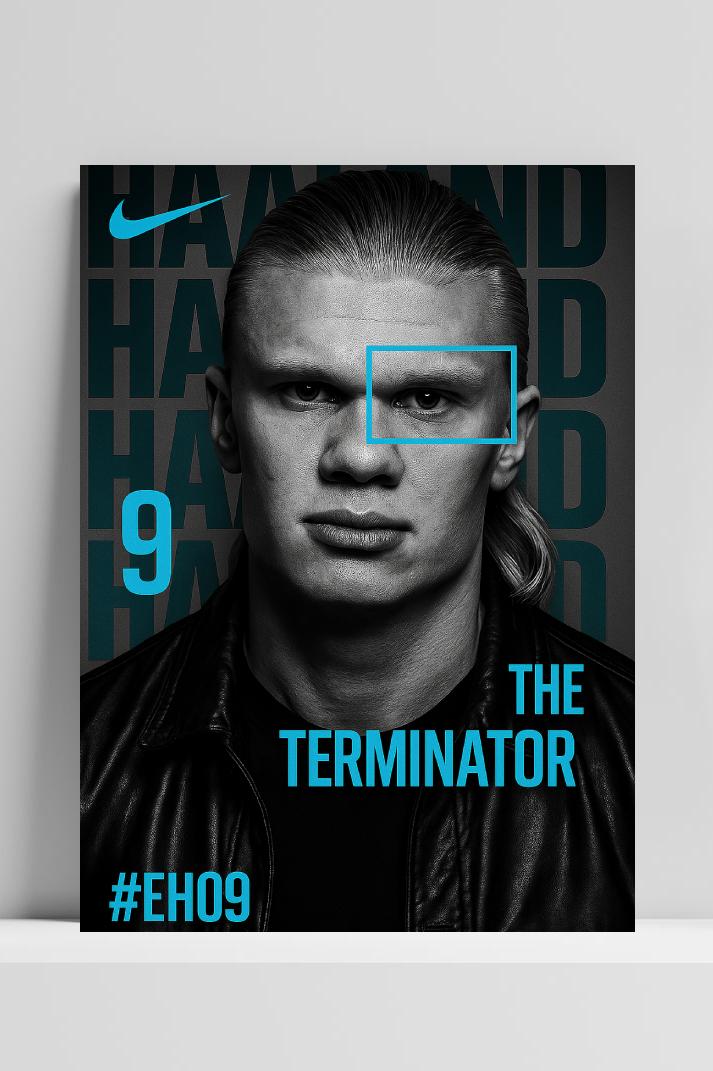 Erling Haaland The Terminator Blue op 3mm aluminium dibond