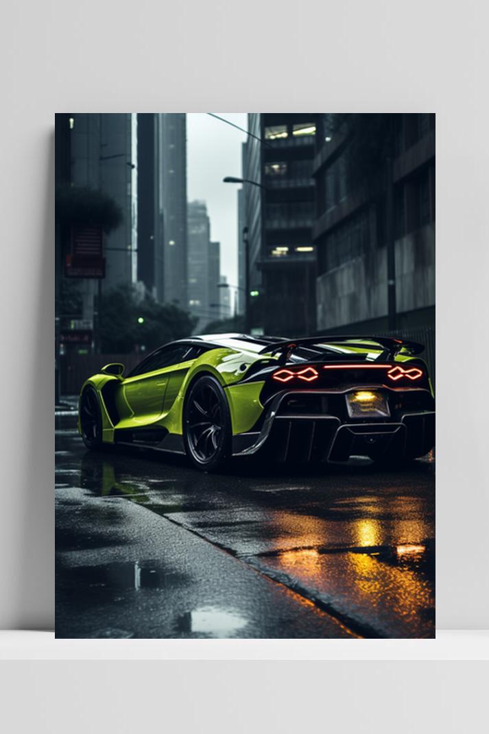 Groene Sportauto op 3mm aluminium dibond