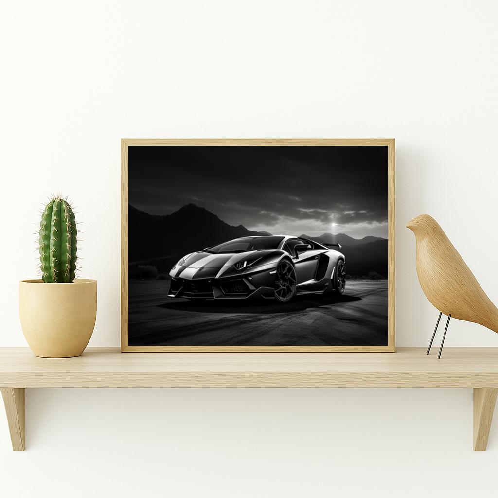 Lambo Zwart Wit Bergen poster sfeerbeeld 2