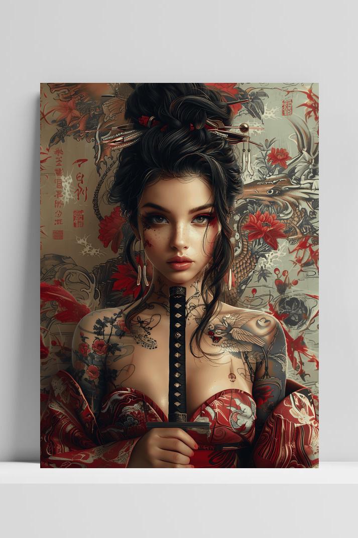 Samoerai Geisha op 3mm aluminium dibond