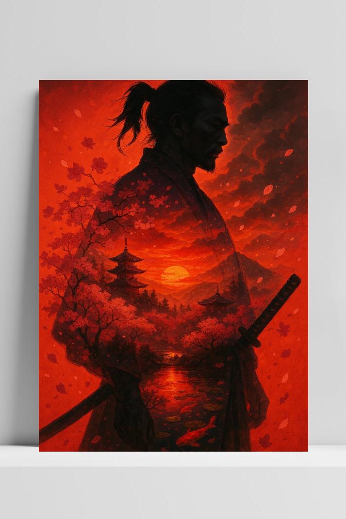 Samurai Japan Sunset op 3mm aluminium dibond